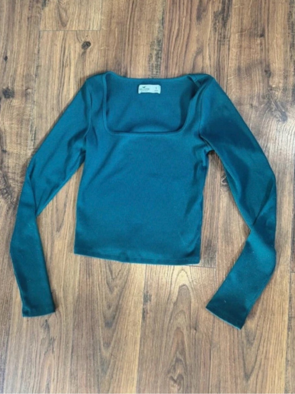 Hollister Teal Long-Sleeve Square Neck Ribbed Top